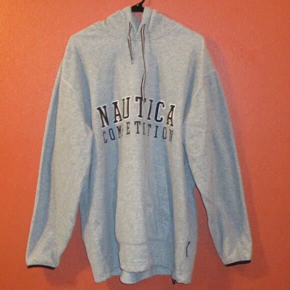 Nautica Men Large Gray Black Graphic Warm Long Sleeve Fleece Pullover Hoodie - Picture 1 of 8